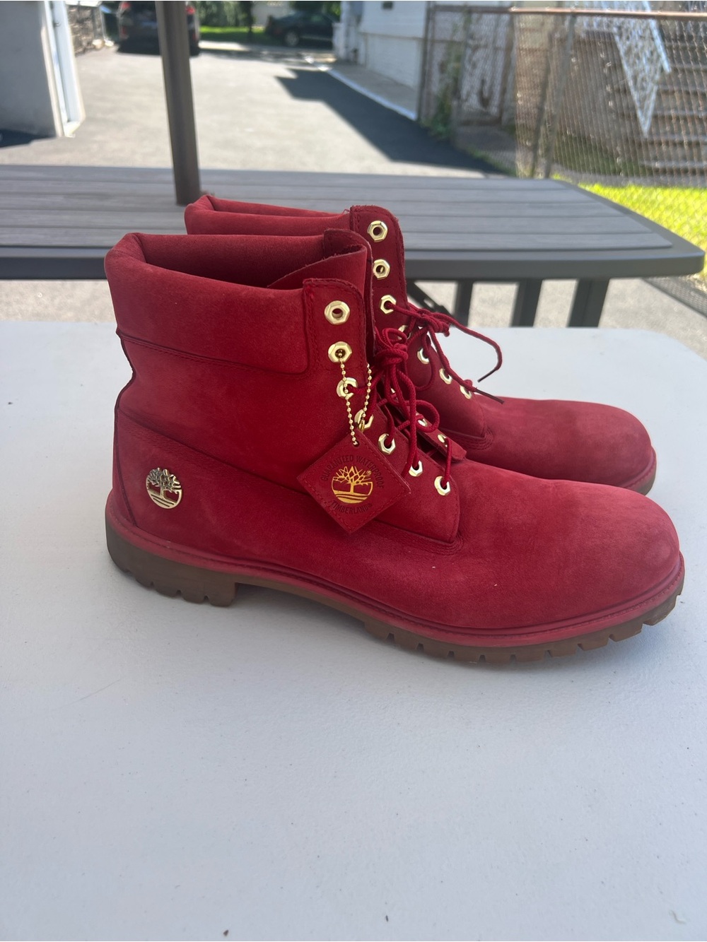Timberland Red Suede Lace-Up Boots with Gold Hardware
